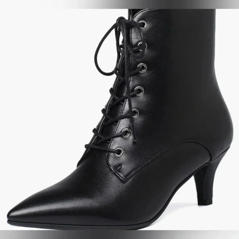 Black  Kitten Heels Lace Up Ankle Boots Low Mid Side Zipper Short BootiES